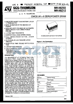 MK48Z02B20 datasheet - CMOS 2K x 8 XEROPOWER  SRAM