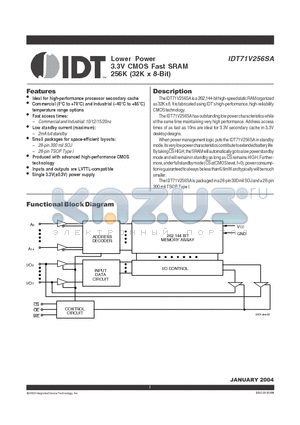 IDT71V256SA10YG8 datasheet - Lower Power 3.3V CMOS Fast SRAM 256K (32K x 8-Bit)