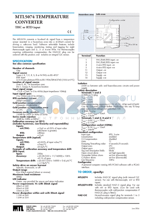 MTL5074-RTD datasheet - TEMPERATURE CONVERTER