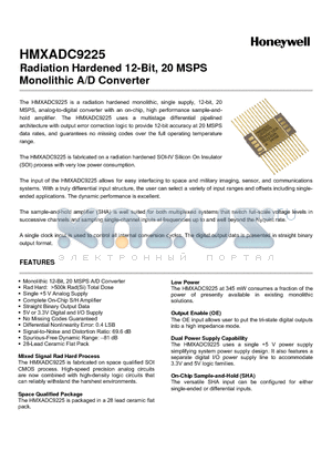 HMXADC9225NZN datasheet - Radiation Hardened 12-Bit, 20 MSPS Monolithic A/D Converter
