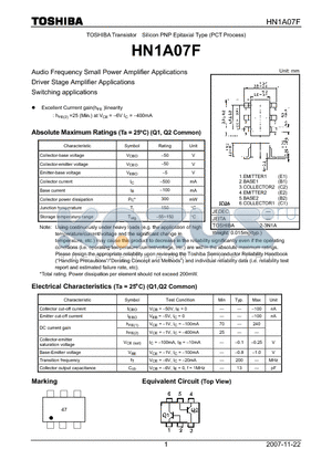 HN1A07F datasheet - Silicon PNP Epitaxial Type (PCT Process) Audio Frequency Small Power Amplifier Applications