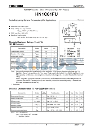 HN1C01FU datasheet - Silicon NPN Epitaxial Type (PCT Process) Audio Frequency General Purpose Amplifier Applications