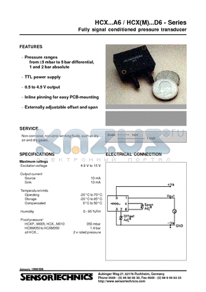 HCX002D6H datasheet - Fully signal conditioned pressure transducer