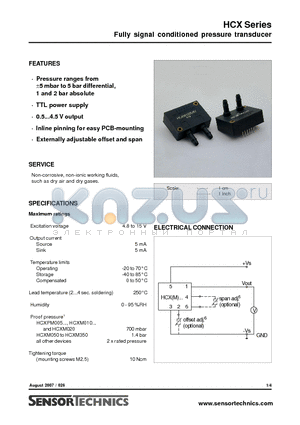 HCX002D6H datasheet - Fully signal conditioned pressure transducer