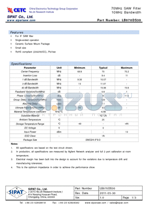 LB070DS30 datasheet - 70MHz SAW Filter 10MHz Bandwidth