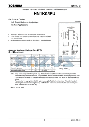 HN1K05FU datasheet - Silicon N Channel MOS Type For Portable Devices