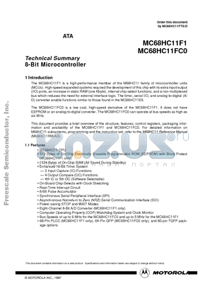 MC68HC11F1CFN4 datasheet - Technical Summary 8-Bit Microcontroller