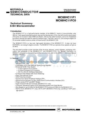 MC68HC11F1CPU4 datasheet - Technical Summary 8-Bit Microcontroller