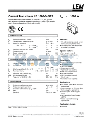 LB1000-SI/SP2 datasheet - Current Transducer LB 1000-SI/SP2