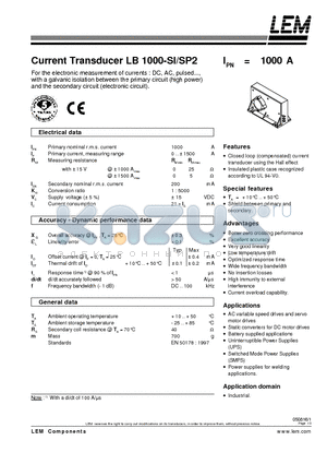 LB1000-SI datasheet - Current Transducer LB 1000-SI/SP2