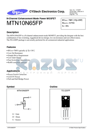 MTN10N65FP datasheet - N-Channel Enhancement Mode Power MOSFET