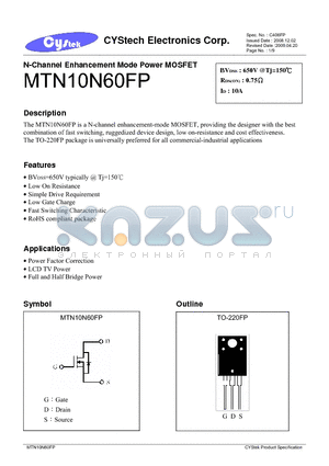 MTN10N60FP datasheet - N-Channel Enhancement Mode Power MOSFET