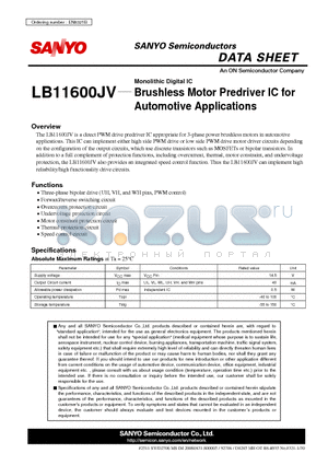 LB11600JV datasheet - Brushless Motor Predriver IC for Automotive Applications