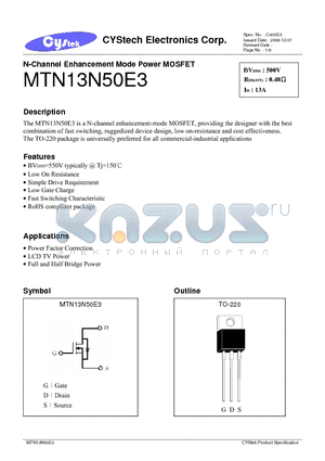 MTN13N50E3 datasheet - N-Channel Enhancement Mode Power MOSFET
