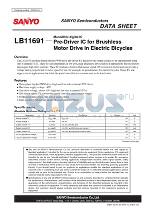 LB11691 datasheet - Monolithic digital IC Pre-Driver IC for Brushless Motor Drive in Electric Bicycles