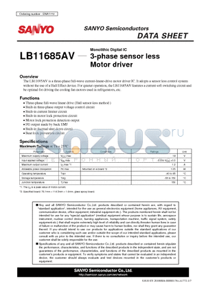 LB11685AV datasheet - Monolithic Digital IC 3-phase sensor less Motor driver