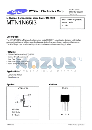 MTN1N65I3 datasheet - N-Channel Enhancement Mode Power MOSFET