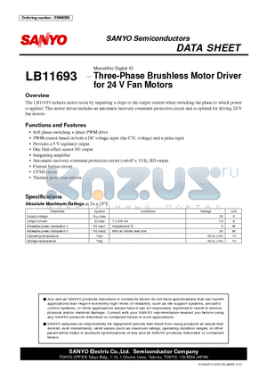 LB11693 datasheet - Three-Phase Brushless Motor Driver for 24 V Fan Motors