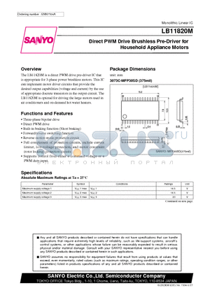LB11820M datasheet - Direct PWM Drive Brushless Pre-Driver for Household Appliance Motors