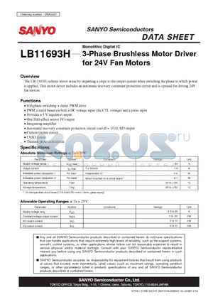 LB11693H datasheet - Monolithic Digital IC 3-Phase Brushless Motor Driver for 24V Fan Motors