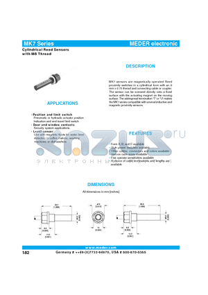 MK7-1A51C-500Y datasheet - Cylindrical Reed Sensors with M8 Thread