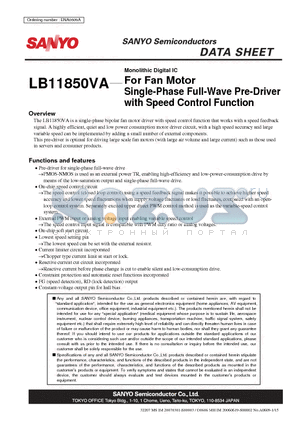 LB11850VA datasheet - Monolithic Digital IC For Fan Motor Single-Phase Full-Wave Pre-Driver with Speed Control Function