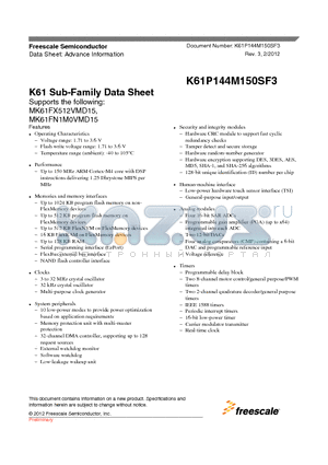 MK61FX512VMD15 datasheet - K61 Sub-Family Data Sheet