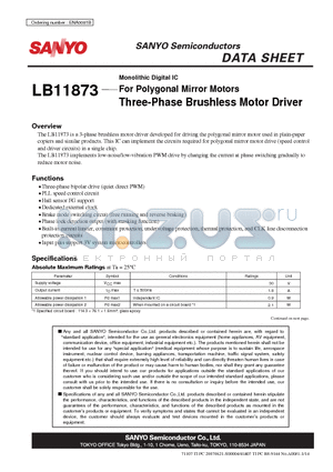 LB11873 datasheet - Monolithic Digital IC For Polygonal Mirror Motors Three-Phase Brushless Motor Driver