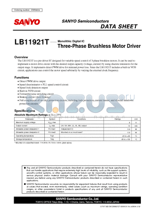 LB11921T datasheet - Monolithic Digital IC Three-Phase Brushless Motor Driver