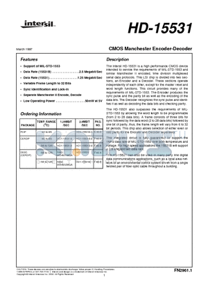 HD1-15531-9 datasheet - CMOS Manchester Encoder-Decoder