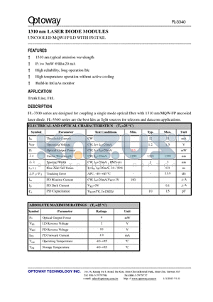 FL-3340S-VFS datasheet - 1310 nm LASER DIODE MODULES UNCOOLED MQW-FP LD WITH PIGTAIL