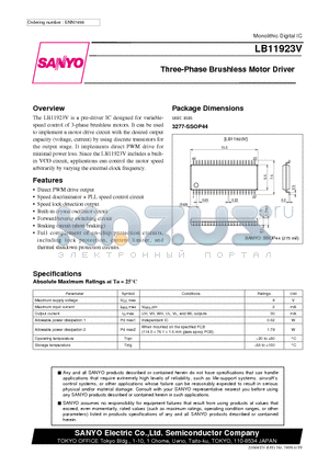 LB11923V datasheet - Three-Phase Brushless Motor Driver