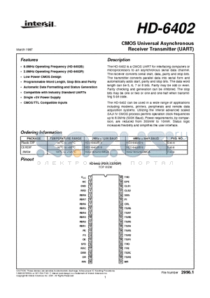 HD1-6402B-9 datasheet - CMOS Universal Asynchronous Receiver Transmitter (UART)