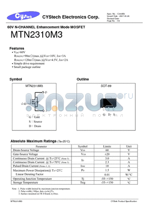 MTN2310M3 datasheet - 60V N-CHANNEL Enhancement Mode MOSFET