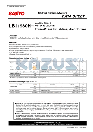 LB11980H datasheet - Monolithic Digital IC For VCR Capstan Three-Phase Brushless Motor Driver