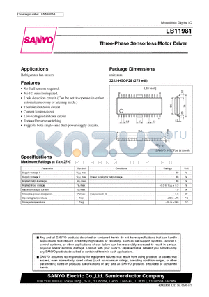 LB11981 datasheet - Three-Phase Sensorless Motor Driver