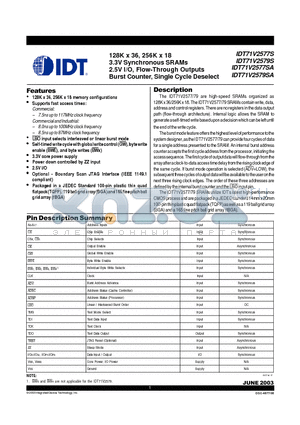 IDT71V2579S75BQI datasheet - 128K x 36,256K x 18 3.3V Synchronous SRAMs 2.5V I/O,Flow-Through Outputs Burst Counter,Single Cycle Deselect