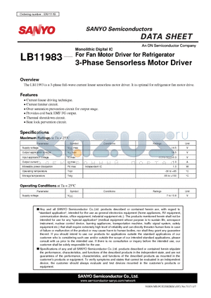 LB11983 datasheet - For Fan Motor Driver for Refrigerator 3-Phase Sensorless Motor Driver