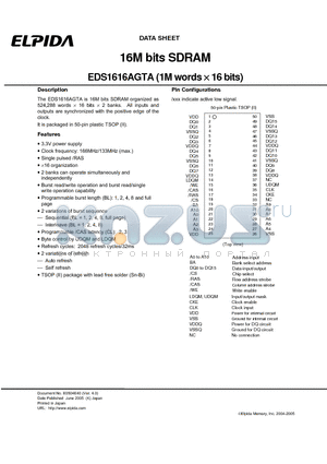 EDS1616AGTA-6B-E datasheet - 16M bits SDRAM (1M words x 16 bits)