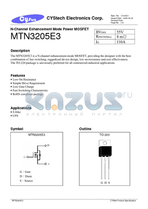 MTN3205E3 datasheet - N-Channel Enhancement Mode Power MOSFET