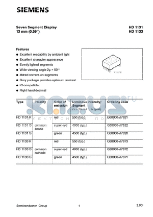 HD1133R datasheet - SEVEN SEGMENT DISPLAY 13MM