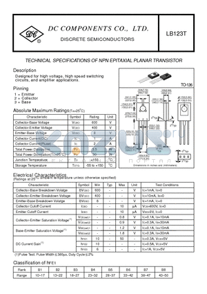 LB123T datasheet - TECHNICAL SPECIFICATIONS OF NPN EPITAXIAL PLANAR TRANSISTOR