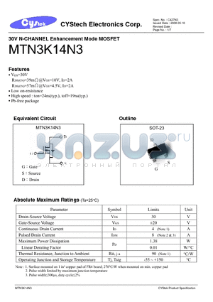 MTN3K14N3 datasheet - 30V N-CHANNEL Enhancement Mode MOSFET