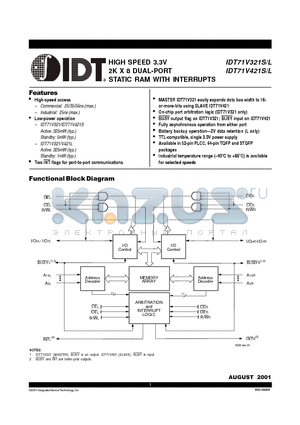 IDT71V321L25JI datasheet - HIGH-SPEED 3.3V 2K x 8 DUAL-PORT STATIC RAM WITH INTERRUPT