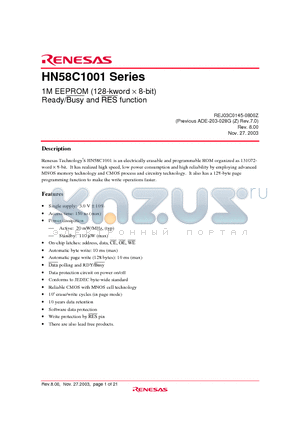 HN58C1001T-15E datasheet - 1M EEPROM (128-kword  8-bit) Ready/Busy and RES function