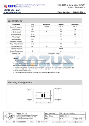 LB135DS01 datasheet - 135.42MHz Low-Loss SAWF 8MHz Bandwidth