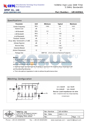 LB140DS04 datasheet - 140MHz High-Loss SAW Filter 3.5MHz Bandwidth