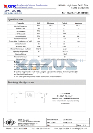 LB140DS05 datasheet - 140MHz High-Loss SAW Filter 5MHz Bandwidth