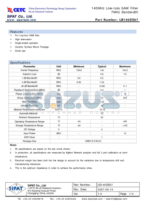 LB140DS07 datasheet - 140MHz Low-loss SAW Filter 7MHz Bandwidth