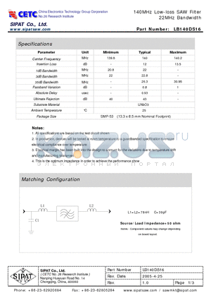 LB140DS16 datasheet - 140MHz Low-loss SAW Filter 22MHz Bandwidth